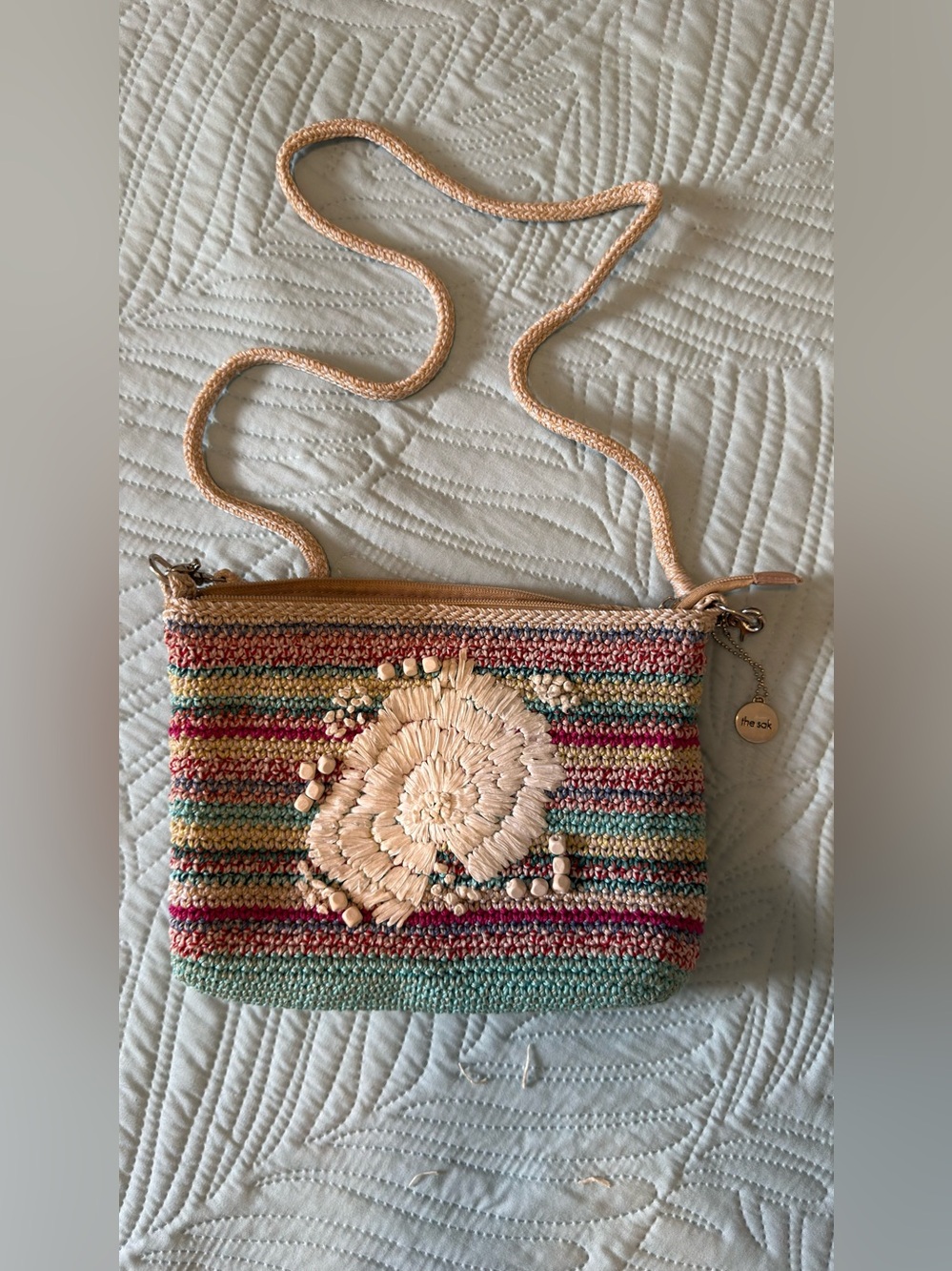 The Sak Lumi Crochet Crossbody Bag with Embroidery-Beige with multi color stripe